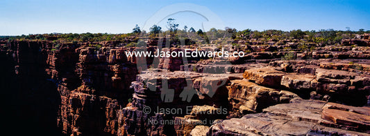 The erosion on the surface of a sandstone plateau from a river. King George River, King George Falls, Gardner Plateau, Kimberley Coast, Western Australia, Australia.