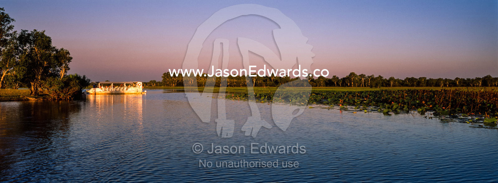 A tourist boat explores a tranquil billabong at sunset. Yellow Water Billabong, Cooinda, Kakadu National Park, Northern Territory, Australia.