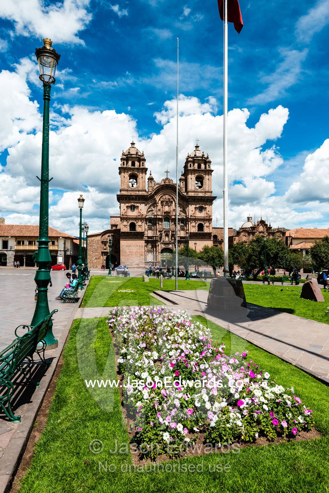 Flowerbeds in front of the Jesuit Church of the Society of Jesus in Cusco. Cusco, Peru.