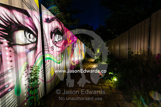 Graffiti eyes on a steel mesh wall lit with LED lighting. Melbourne, Victoria, Australia.