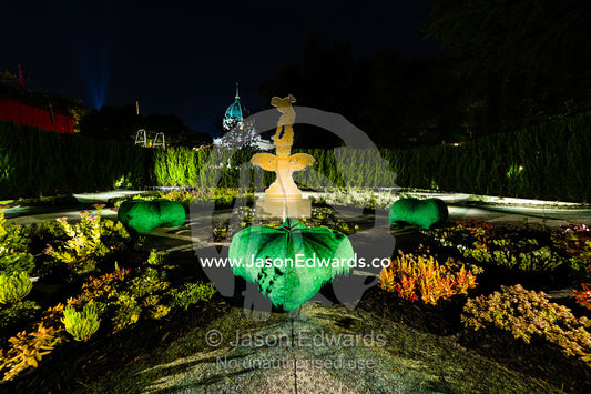 Artificial silk leaves lit with LED lights in a city park. Melbourne, Victoria, Australia.