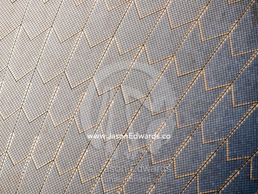 The tiled surface of an arching sail dome on the Sydney Opera House. Sydney, New South Wales, Australia.