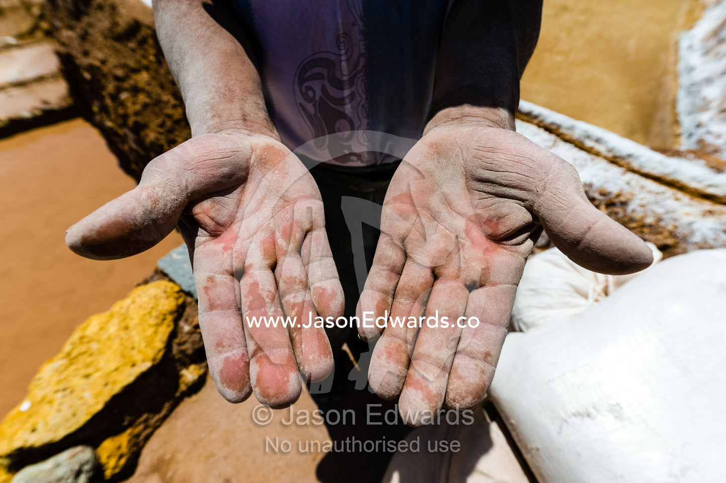 The hands of a laborer working the terraced pond walls in an ancient Inca salt mine. Maras, Peru.