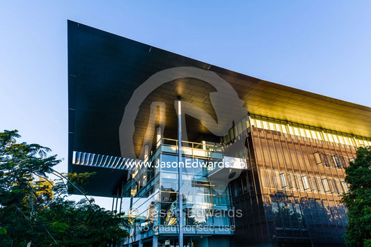 The steel and glass facade of the Queensland Gallery of Modern Art. Brisbane, Queensland, Australia.