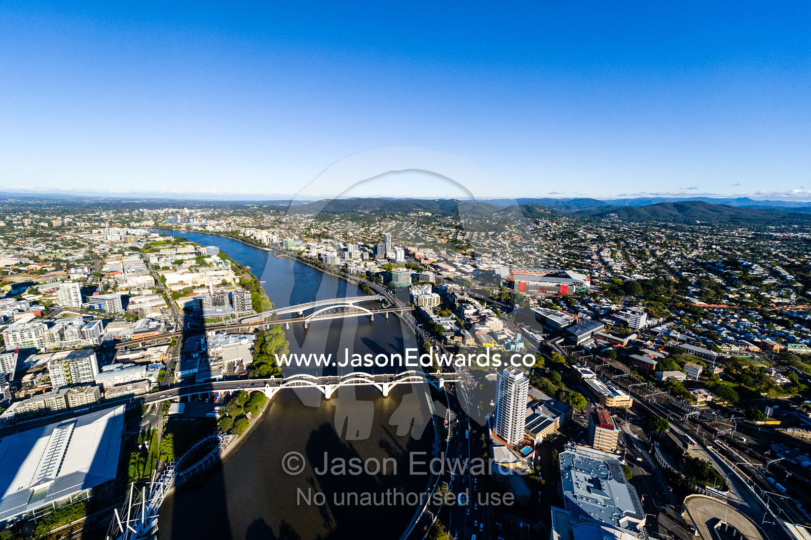 The sprawling Brisbane city and suburbs and Brisbane River. Brisbane, Queensland, Australia.