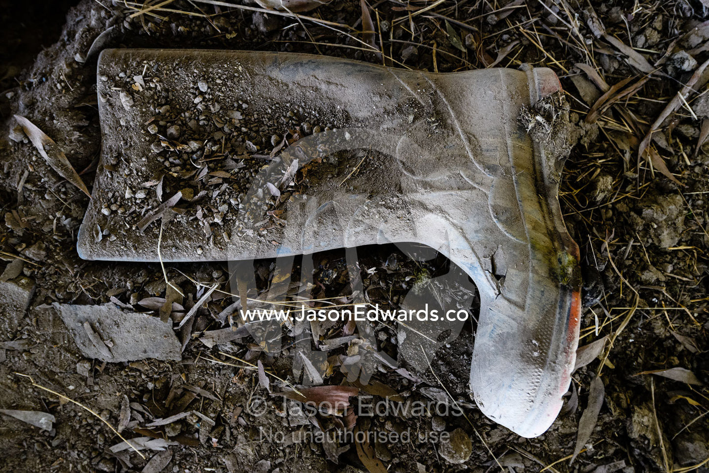 An old gum boot wader in the dust of an abandoned farmhouse. Carrajung, Victoria, Australia.