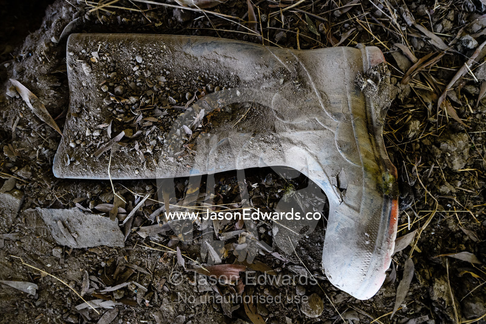 An old gum boot wader in the dust of an abandoned farmhouse. Carrajung, Victoria, Australia.
