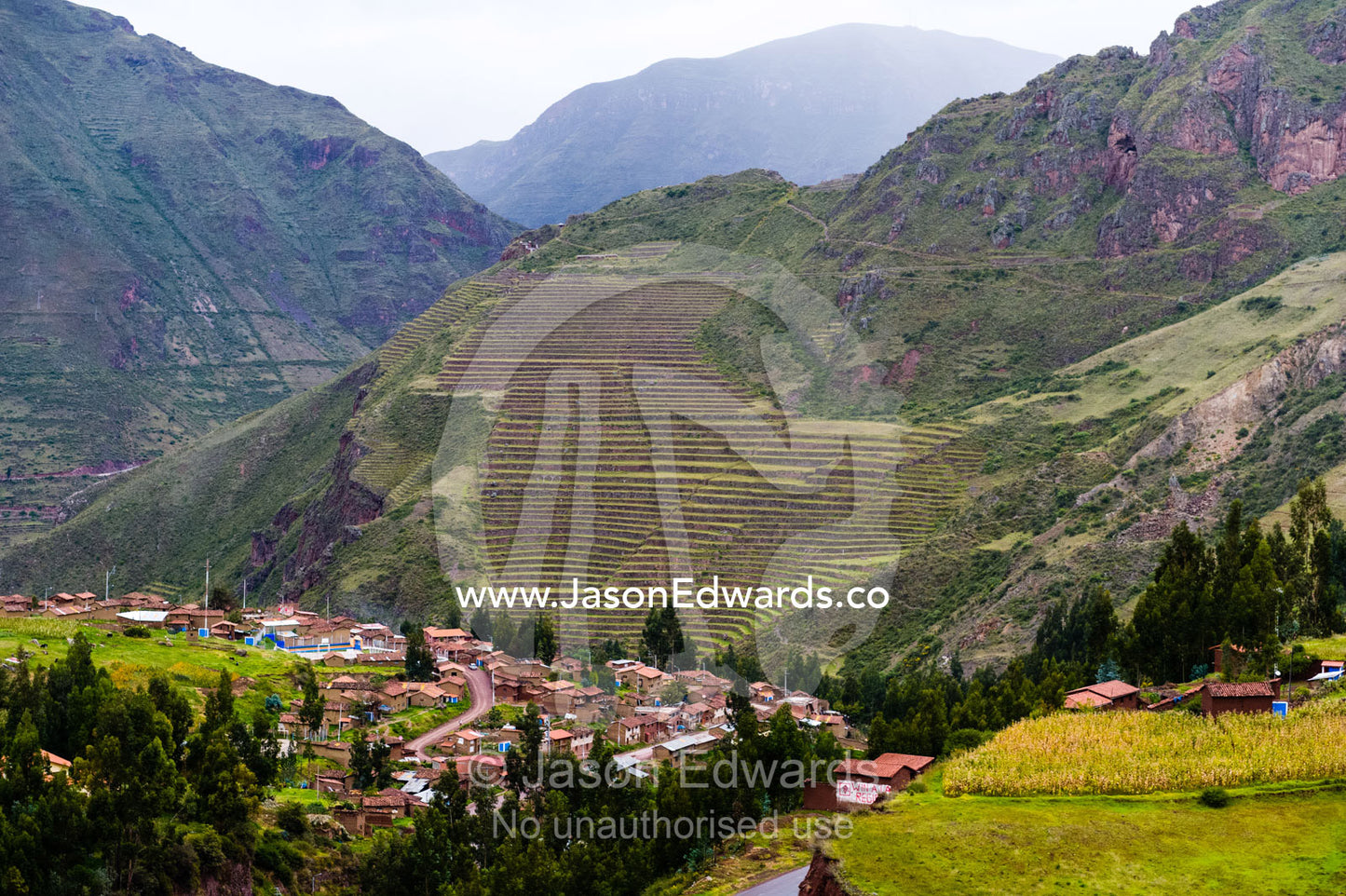 The Inca constructed agricultural terraces on the steep hillside. Pisac, Peru.