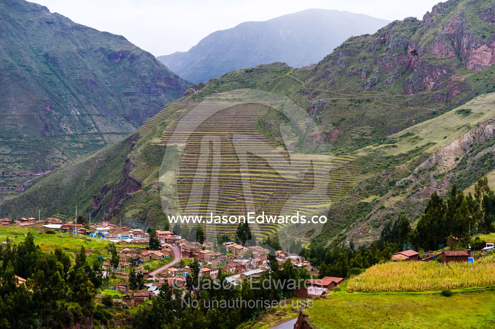 The Inca constructed agricultural terraces on the steep hillside. Pisac, Peru.