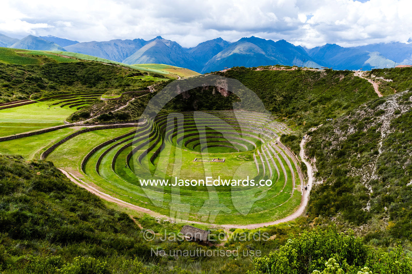 An Inca site with stone wall terraces for growing agricultural crops by creating microclimates. Maras, Peru.