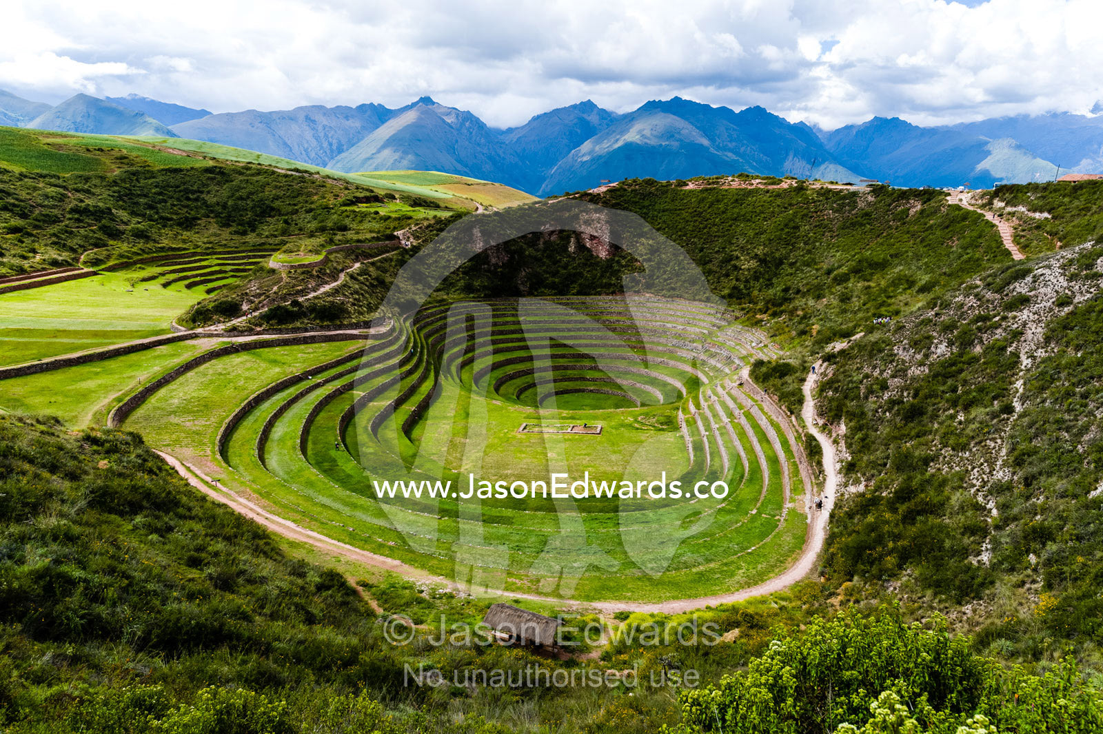 An Inca site with stone wall terraces for growing agricultural crops by creating microclimates. Maras, Peru.