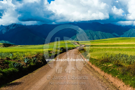 A dirt road crosses a lush green high altitude farming plateau in the Andes mountains. Maras, Peru.