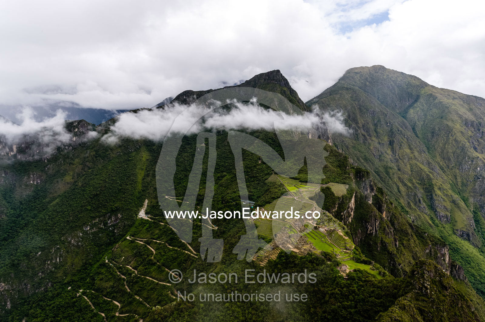 An aerial view of the Macchu Picchu ruins. Peru.