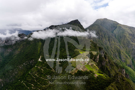 An aerial view of the Macchu Picchu ruins. Peru.