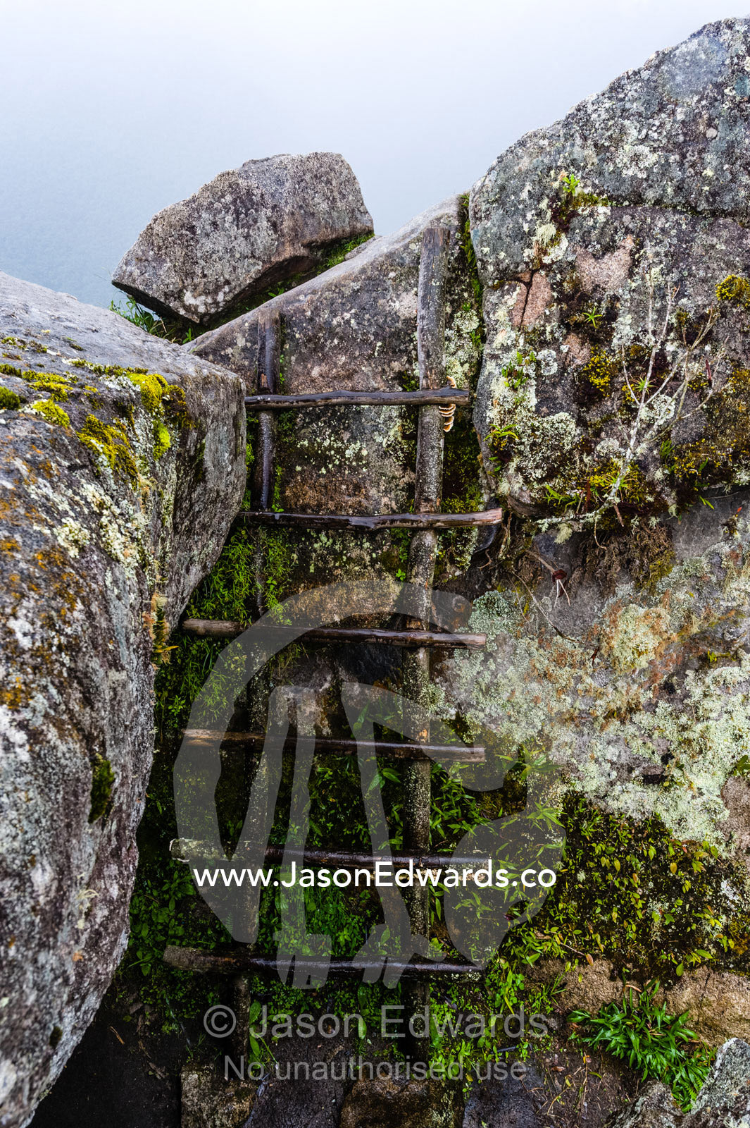 A timber ladder made of tree branches on the summit of Huayna Picchu in the Andes. Peru.