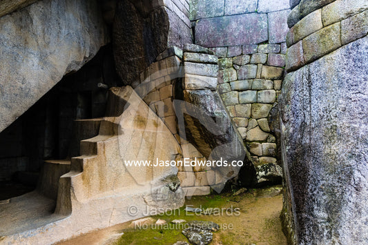 The Temple of the Condor features a carving of an Andean Condor and an alter in a natural cave. Peru.