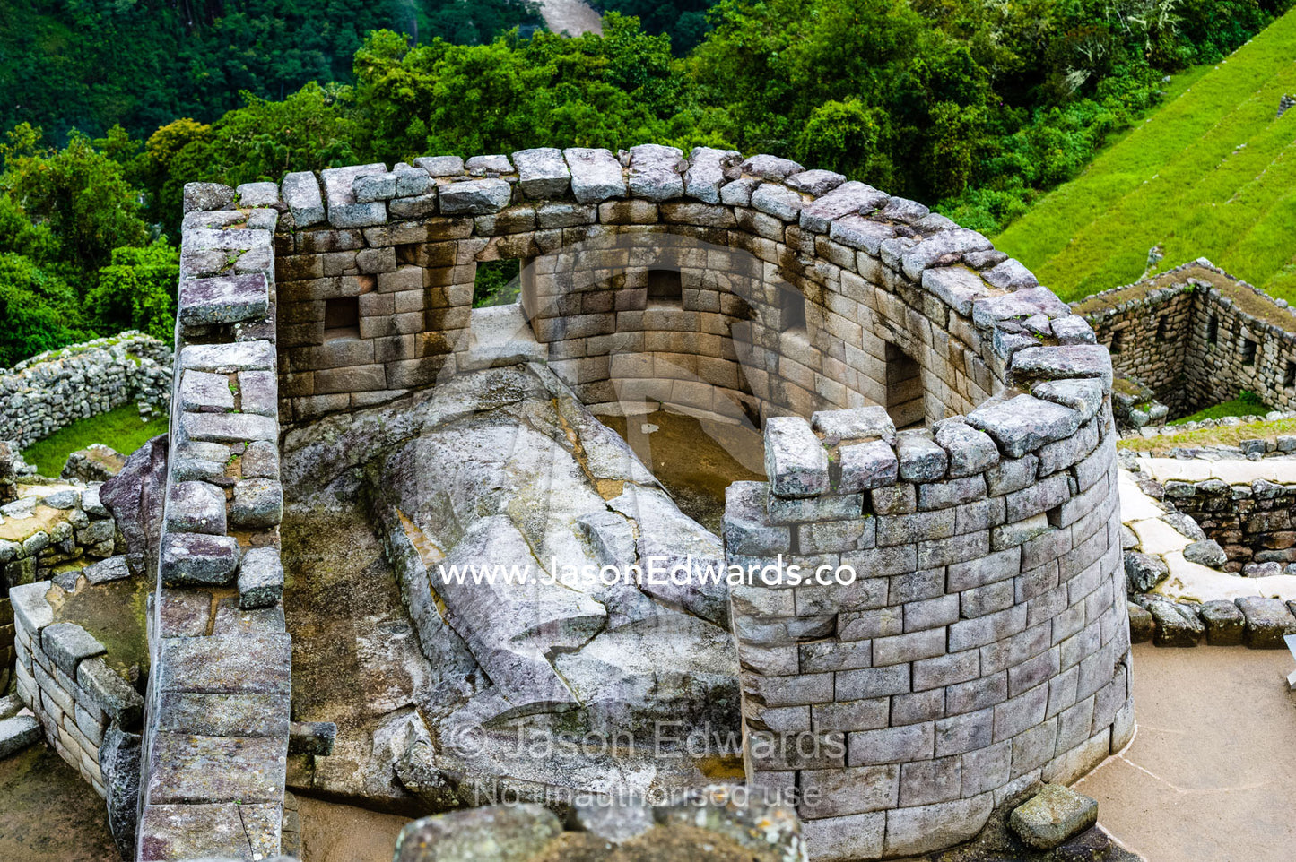 Inca polished dry-stone walls at the Temple of the Sun and Torreon, the observatory. Peru.