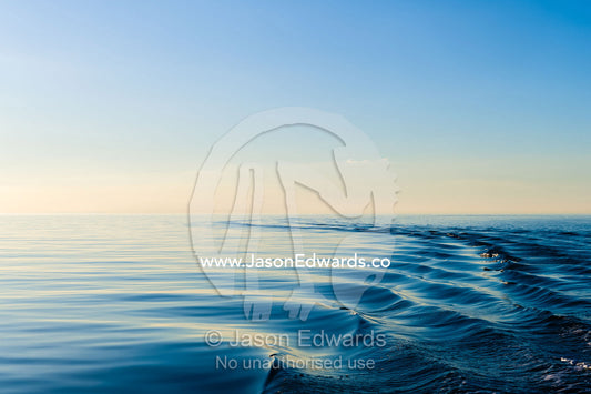 Boat wake ripples across a dead calm ocean surface at twilight. Queensland, Australia.