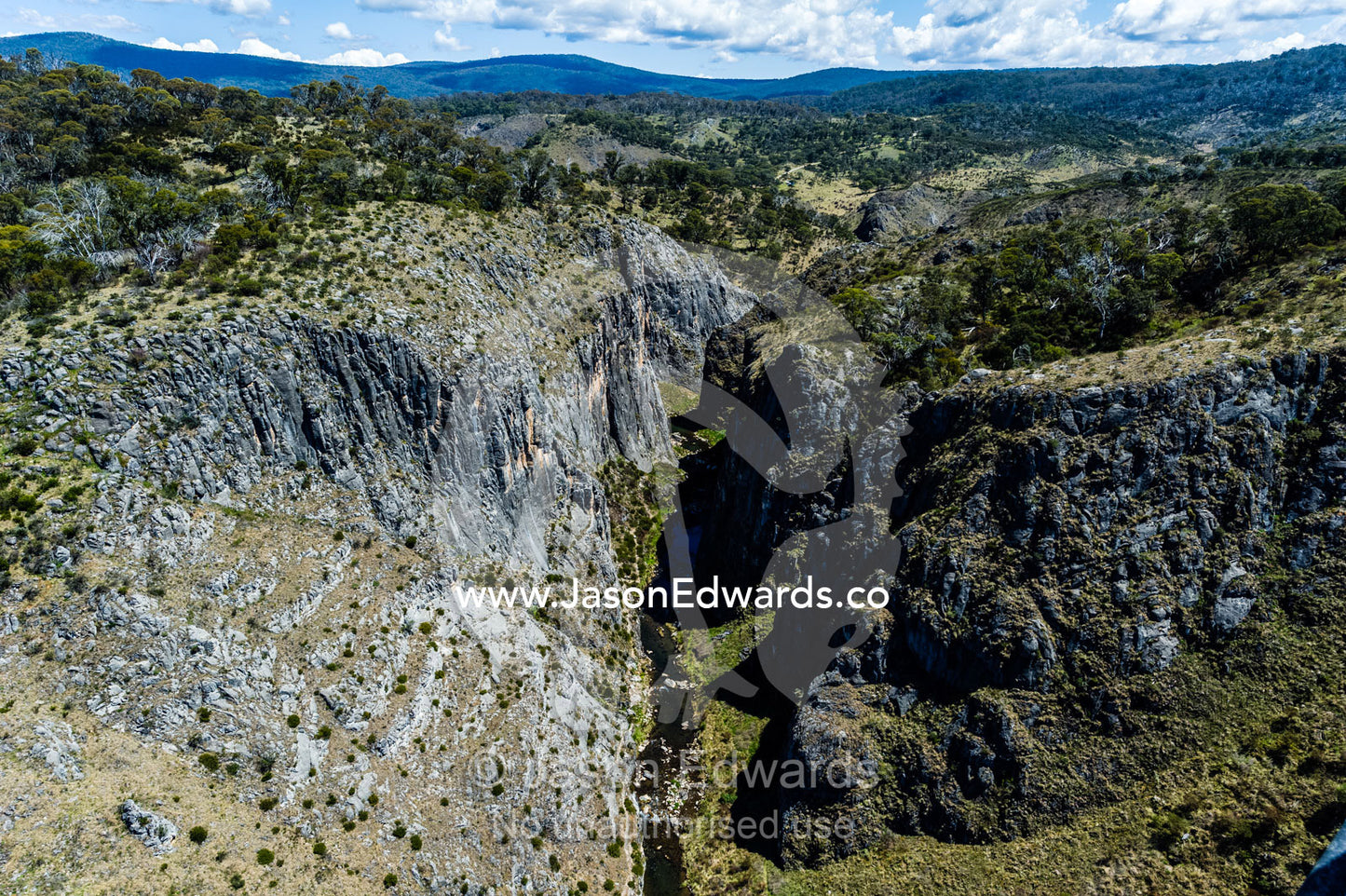 A rugged mountain gorge carving it's way through the Australian Alps. Kosciuszko National Park, New South Wales, Australia