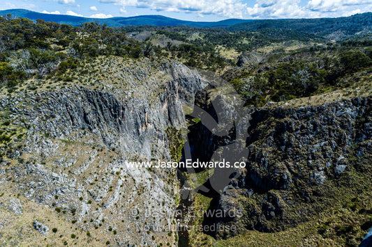 A rugged mountain gorge carving it's way through the Australian Alps. Kosciuszko National Park, New South Wales, Australia