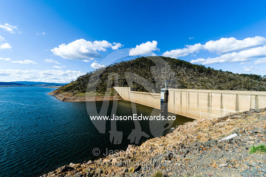 A manmade dam wall holding water for towns and cities. Kosciuszko National Park, Tantangara Dam, New South Wales, Australia