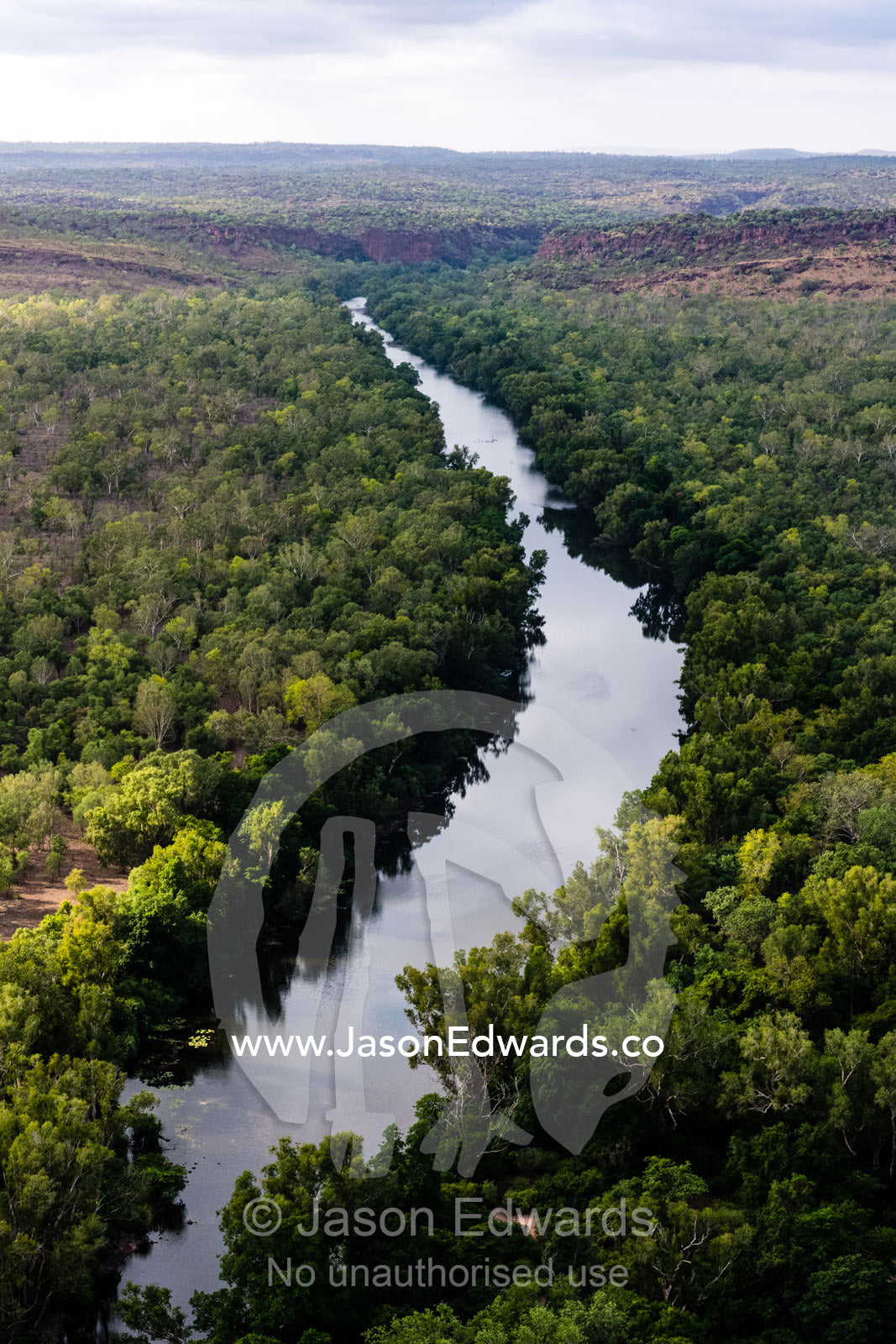 A forest-lined river winds it's way through a sandstone gorge on a remote outback cattle station. Timber Creek, Bullo River Station, Northern Territory, Australia