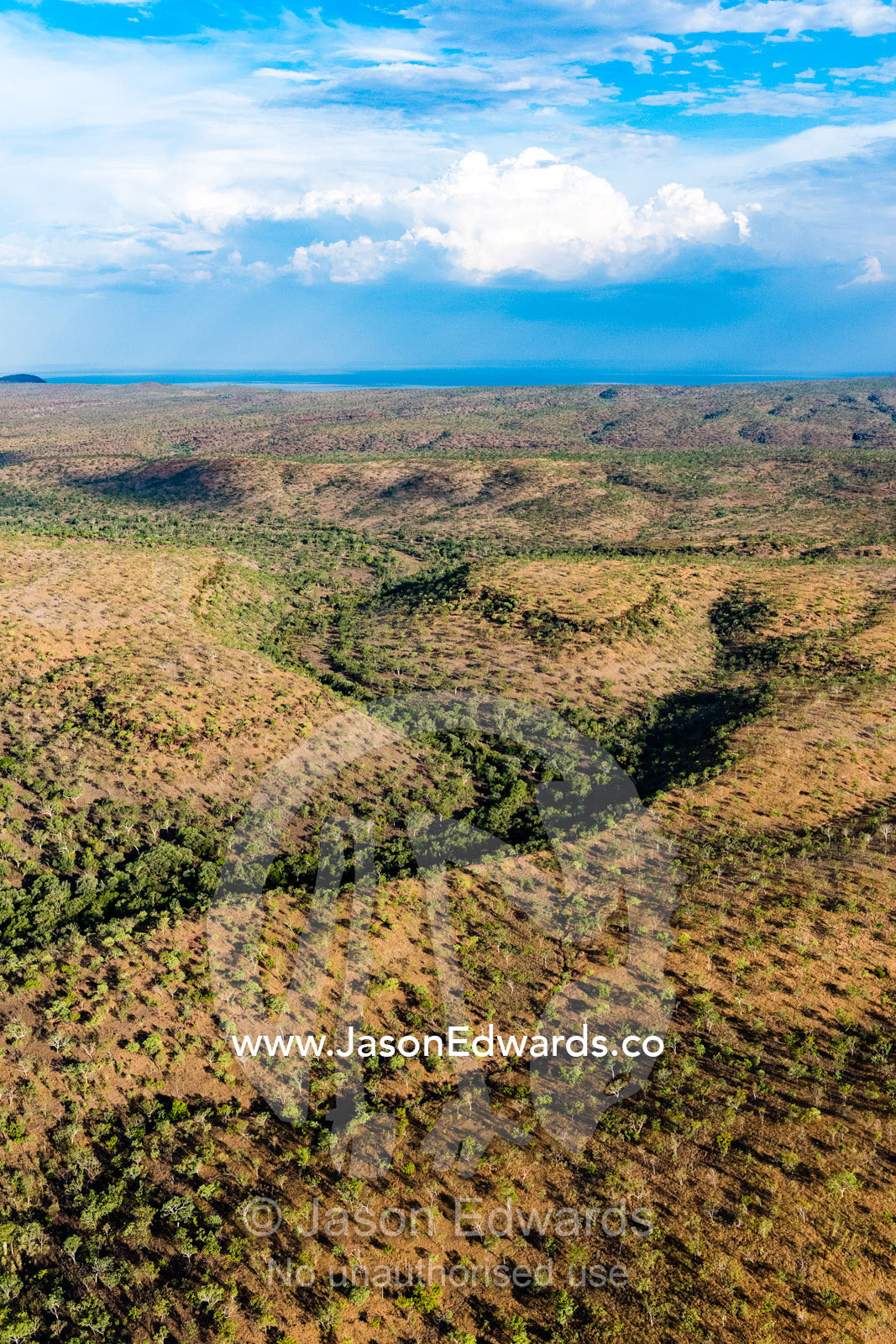 An aerial view of a vast arid outback cattle station with scattered trees and erosion. Timber Creek, Bullo River Station, Northern Territory, Australia