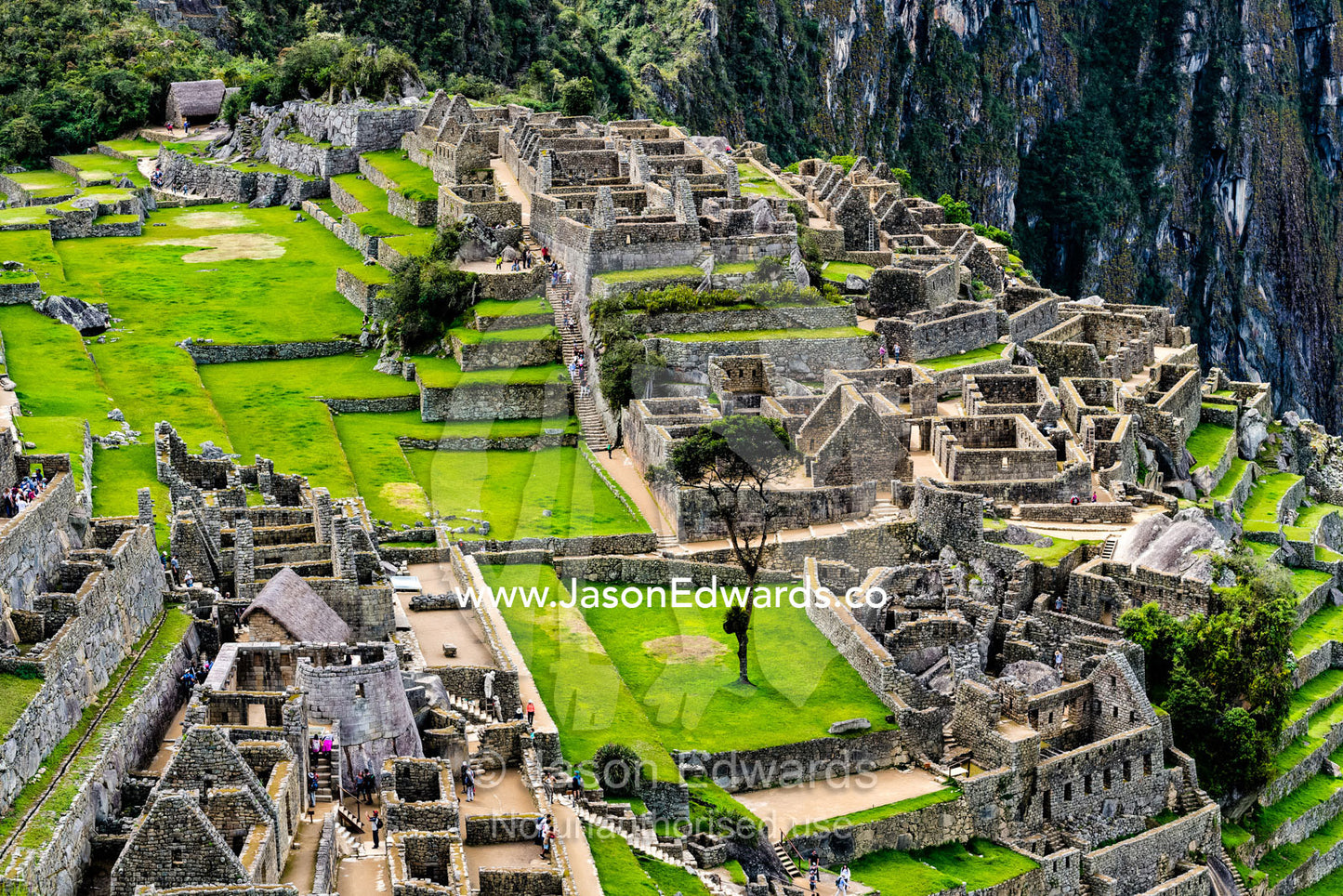 A maze of homes and commercial buildings in the Inca ruins at Macchu Picchu. Sacred Valley, Machu Picchu, Urubamba Province, Peru