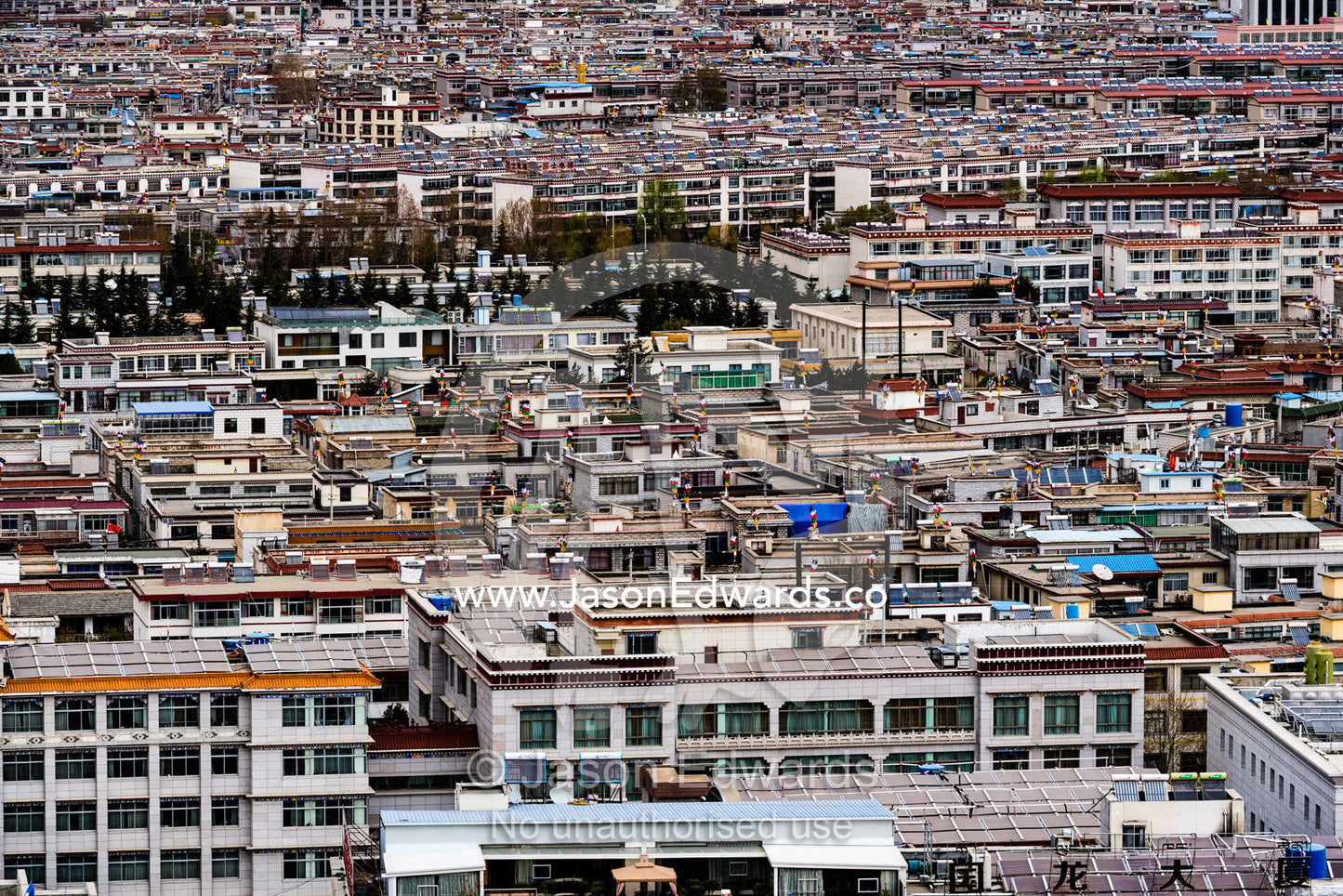 An aerial view of crowded and chaotic rooftop skyline of Lhasa. Lhasa, Tibet Autonomous Region, Tibet