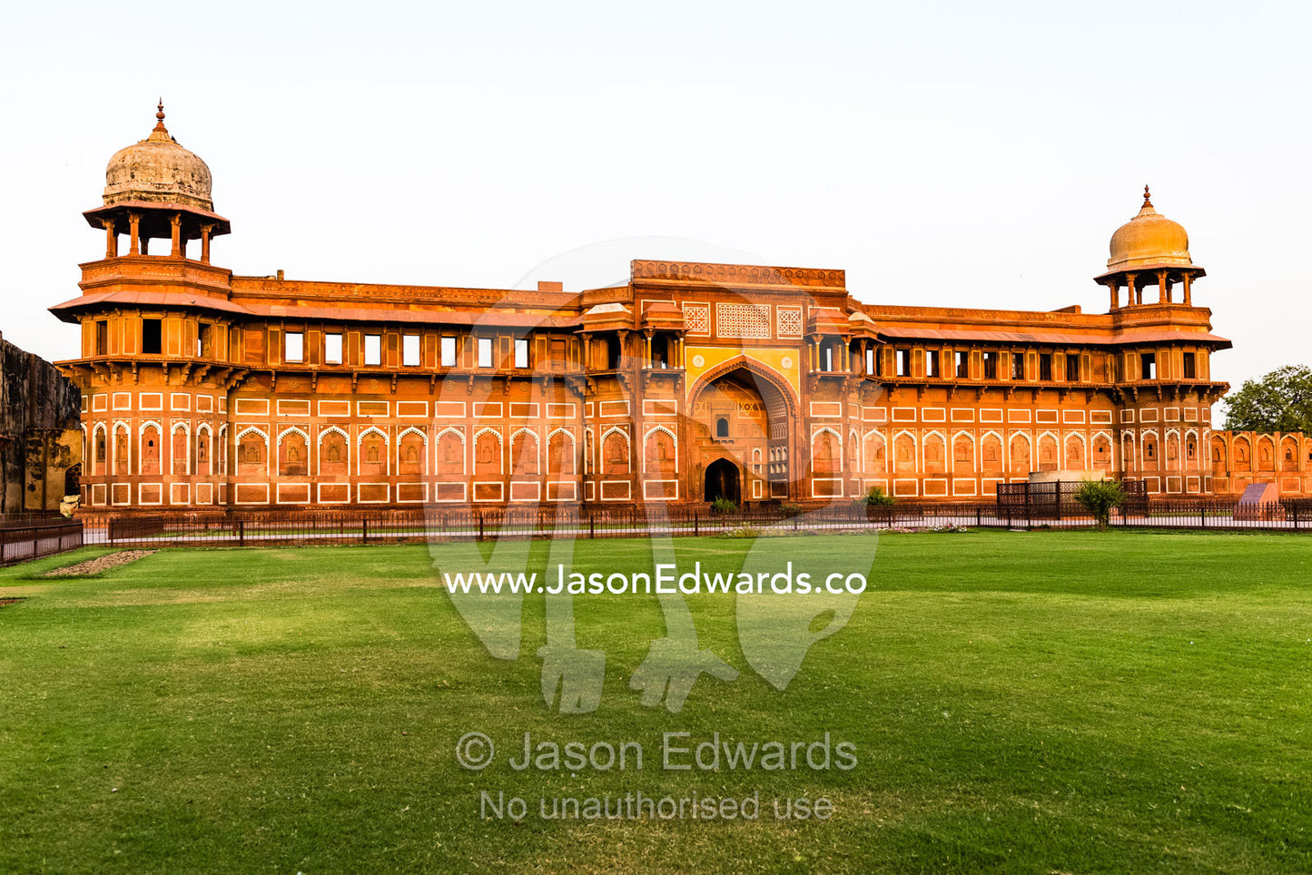 The imposing facade and turrets of Jahangiri Mahal, the palace. Agra, Agra Fort, Uttar Pradesh, India