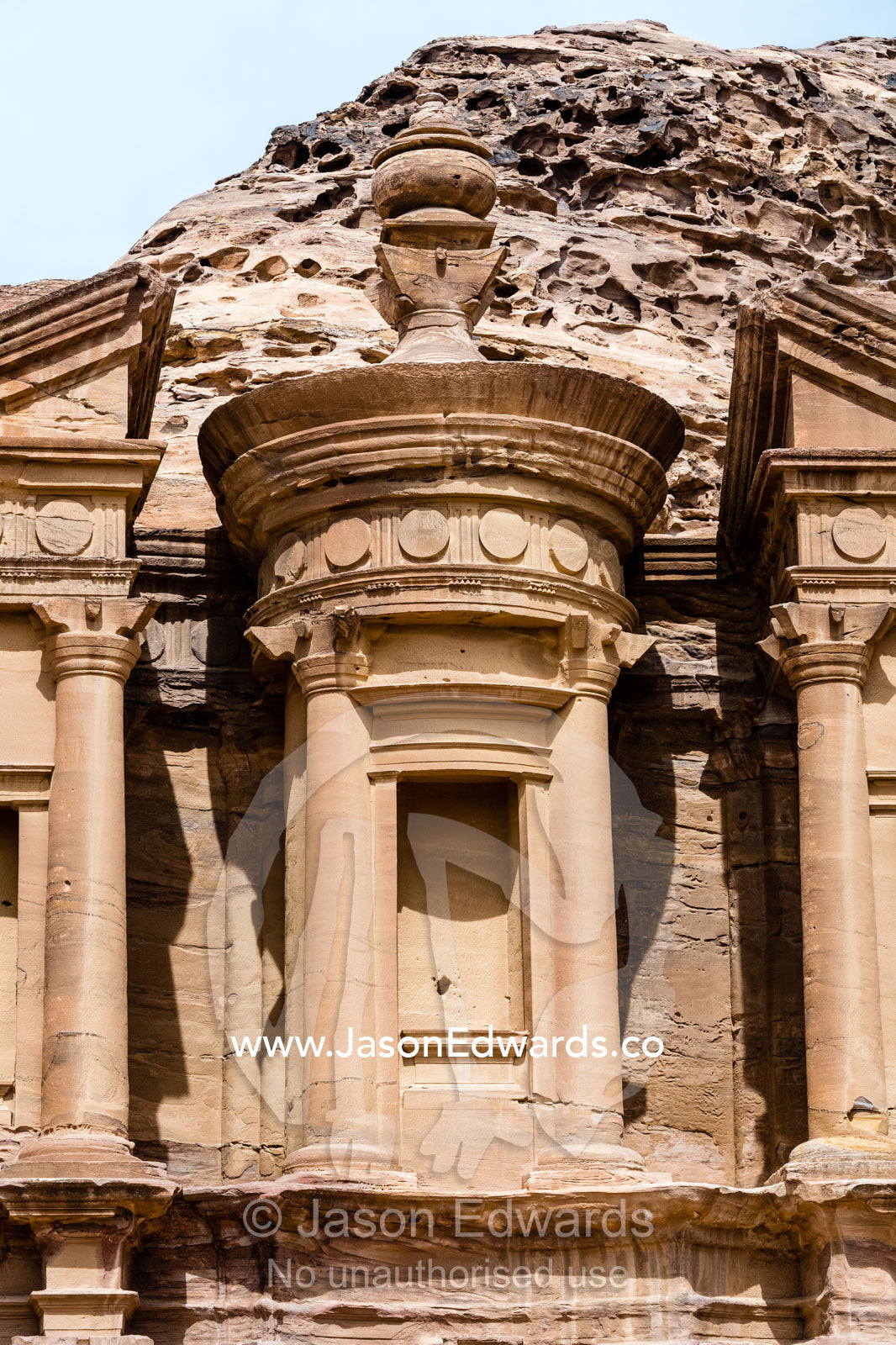 The Monastery features enormous columns and a facade carved from the sandstone cliff in the Nabatean Classical Style. Petra, The Lost City of Petra, Jordan