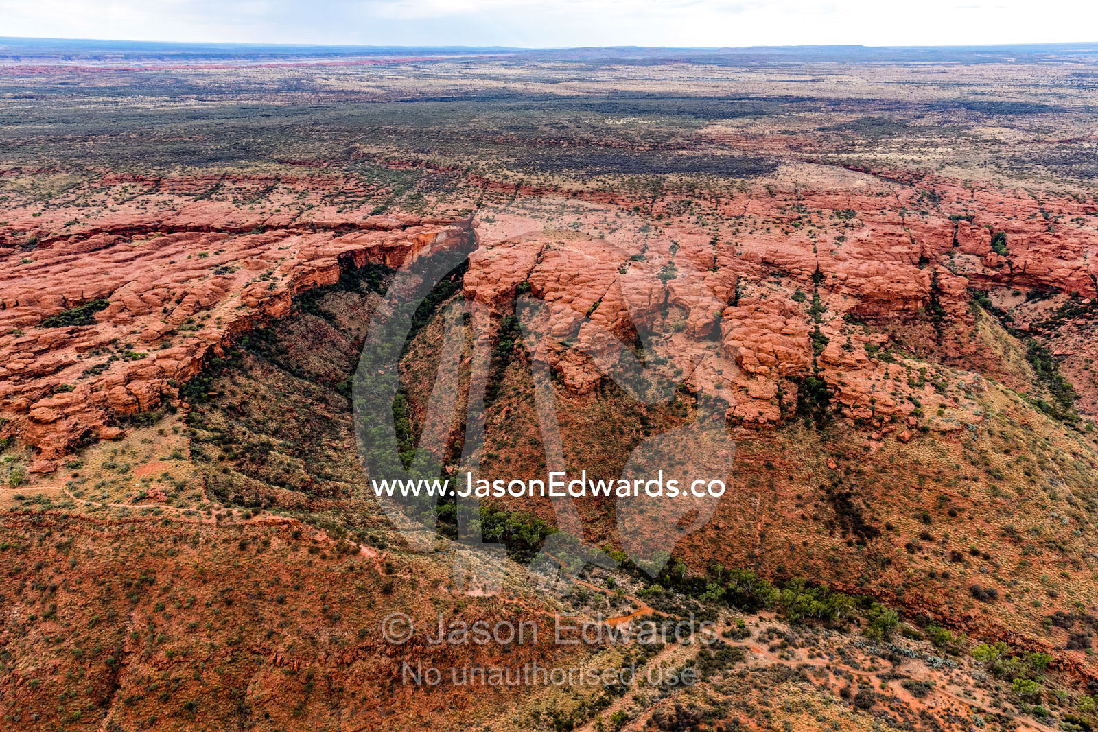 An aerial view of a sandstone desert plateau with a deep gorge filled with forest. Watarrka National Park, Northern Territory, Australia