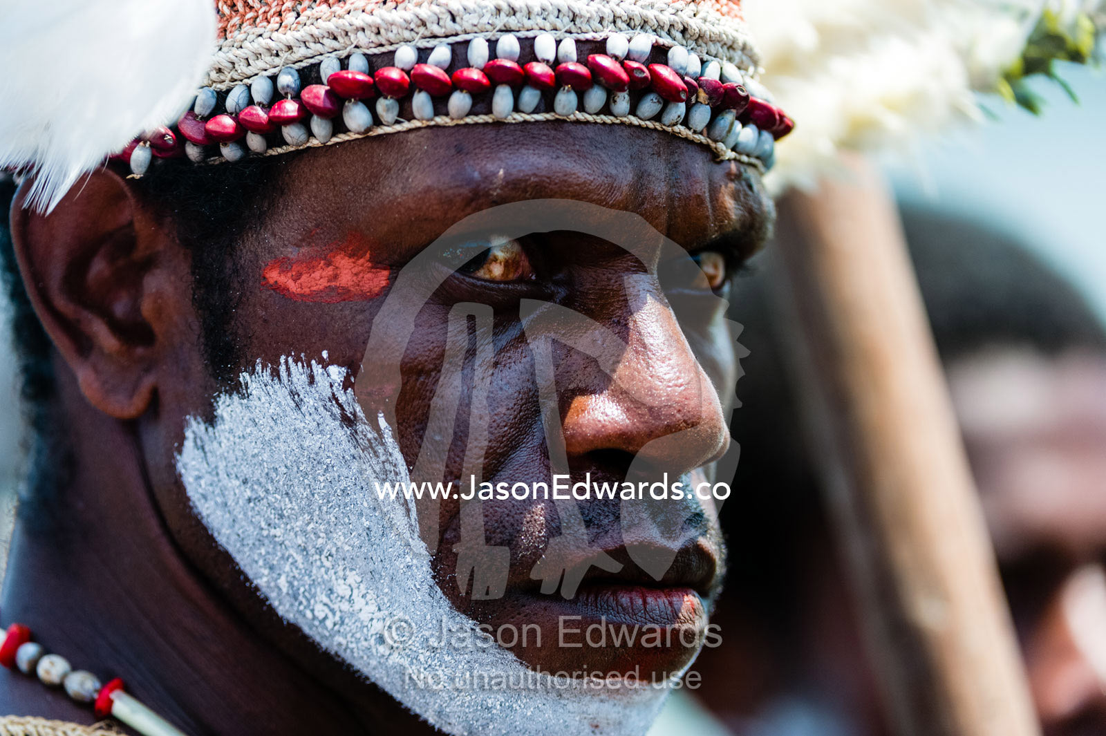 The terrifying stare of an Asmat warrior in war paint and headdress during a Bis pole raising ceremony. Syuru Village, Asmat Regency, Papua, Indonesia