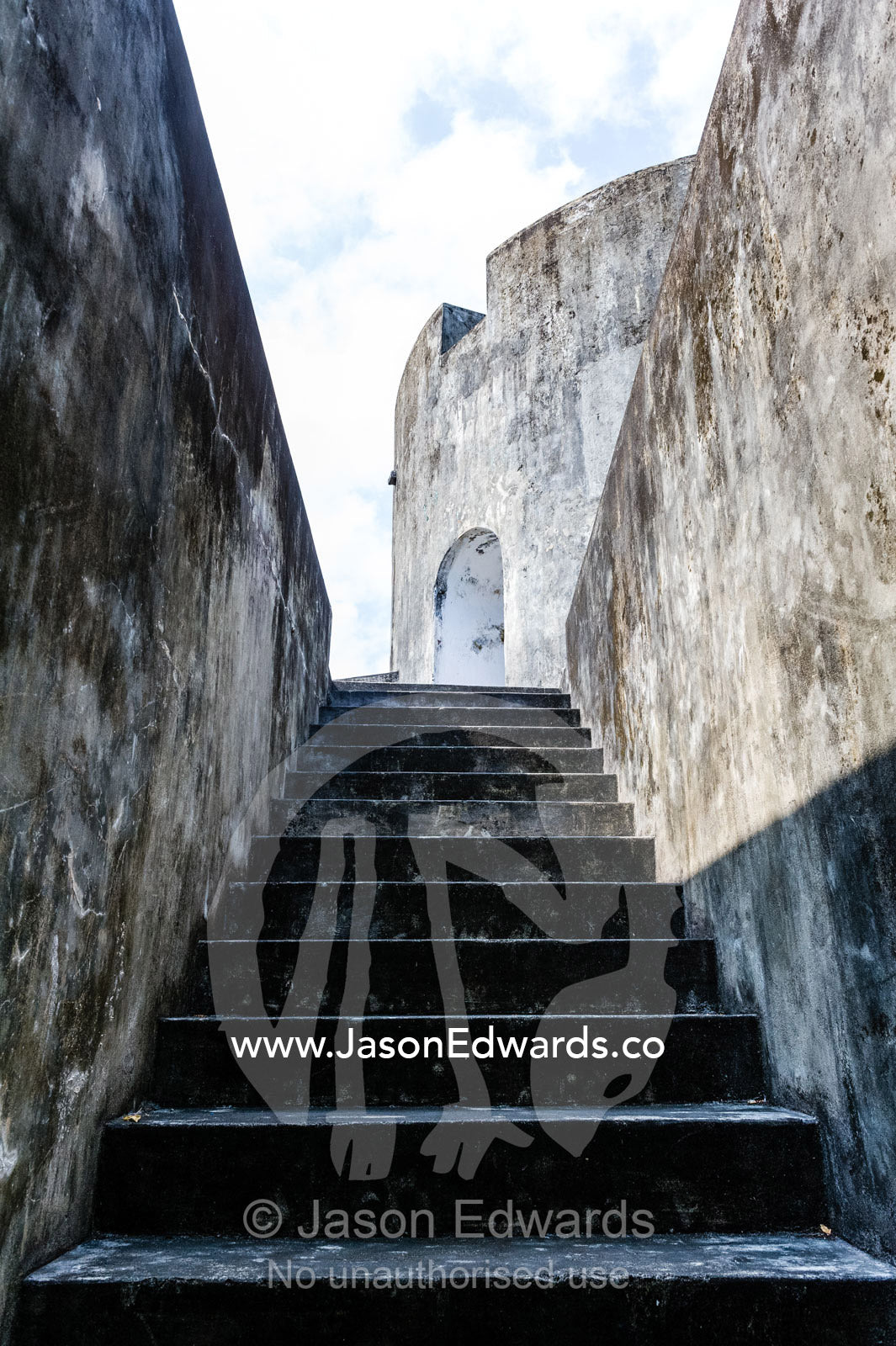 A stairwell leading up to a turret and watch tower in an antique Dutch colonial fort. Fort Belgica, Banda Neira, Banda Islands, West Papua, Indonesia