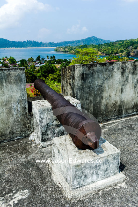 An antique cannon defends a Dutch colonial fort on a tropical island. Fort Belgica, Banda Neira, Banda Islands, West Papua, Indonesia