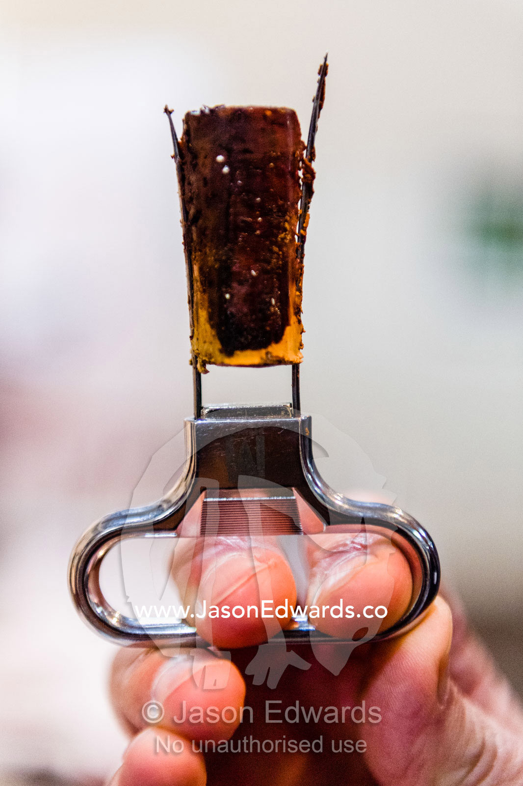 A close up of a buttler's cork screw used to display a cork from a bottle of vintage wine. Adelaide, South Australia, Australia
