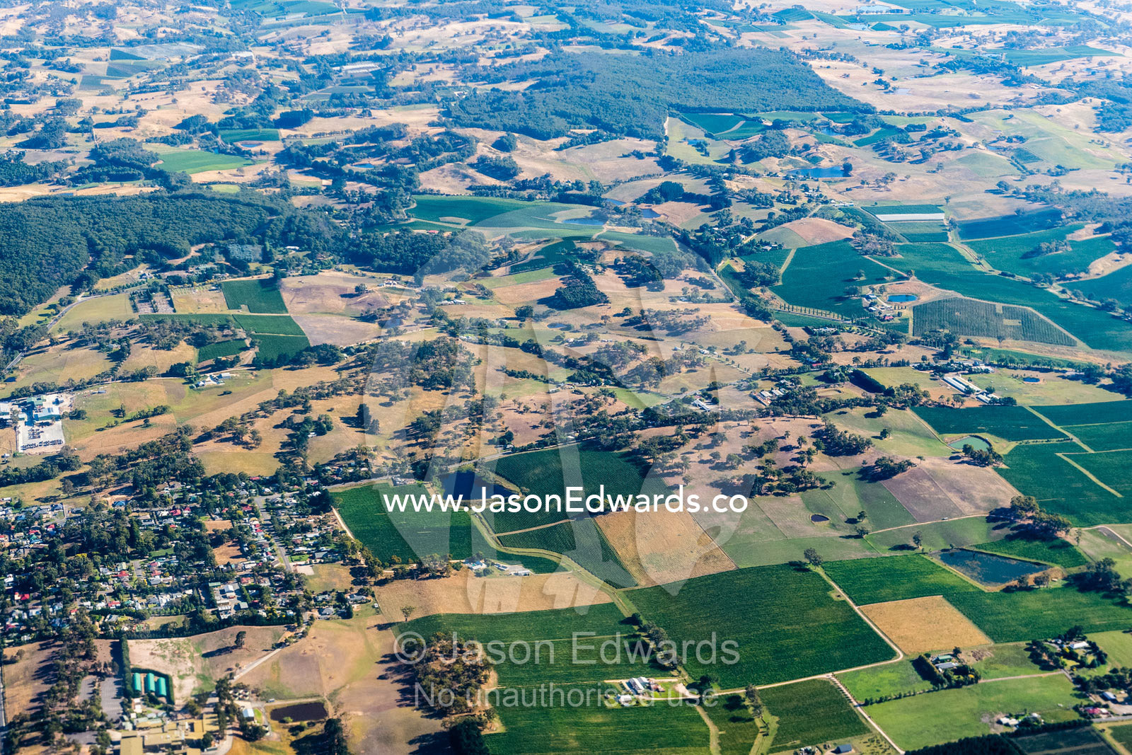 An aerial view of vineyards and farmland. Adelaide, Barossa, South Australia, Australia