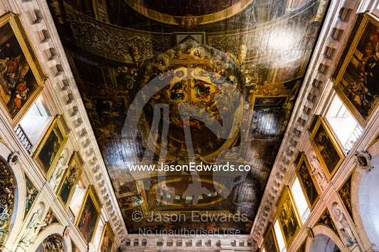 Ornate gold filigree and iconography of the Christian faith in the Church Igreja de Sao Roque. Lisbon, Lisboa, Portugal