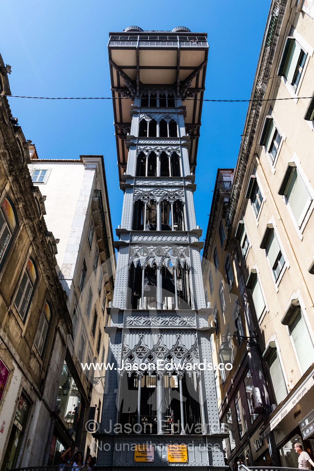 The Elevador de Santa Justa transports passengers up the hill from the Baixa district to the Largo do Carmo. Lisbon, Lisboa, Portugal