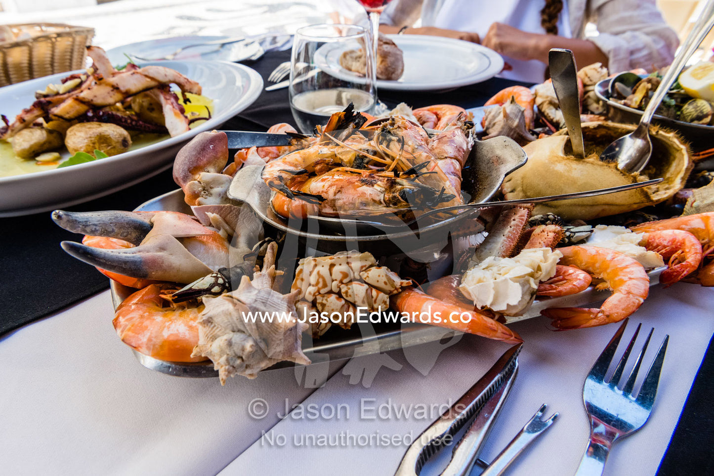 Prawns, lobster and crab gourmet seafood lunch in an outdoor restaurant in Lisbon. Lisbon, Lisboa, Portugal