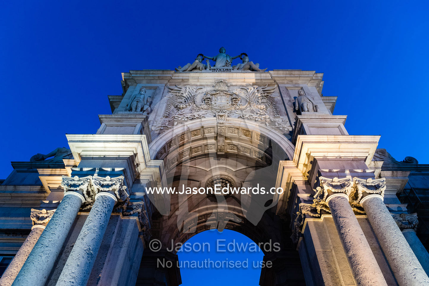 The Rua Augusta Arch is a triumph arch built to commemorate Lisbon's reconstruction after the 1755 earthquake. Lisbon, Lisboa, Portugal