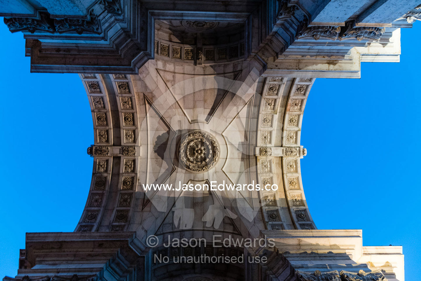The ornate vault of the The Rua Augusta Arch is a triumph arch built to commemorate Lisbon's reconstruction after the 1755 earthquake. Lisbon, Lisboa, Portugal