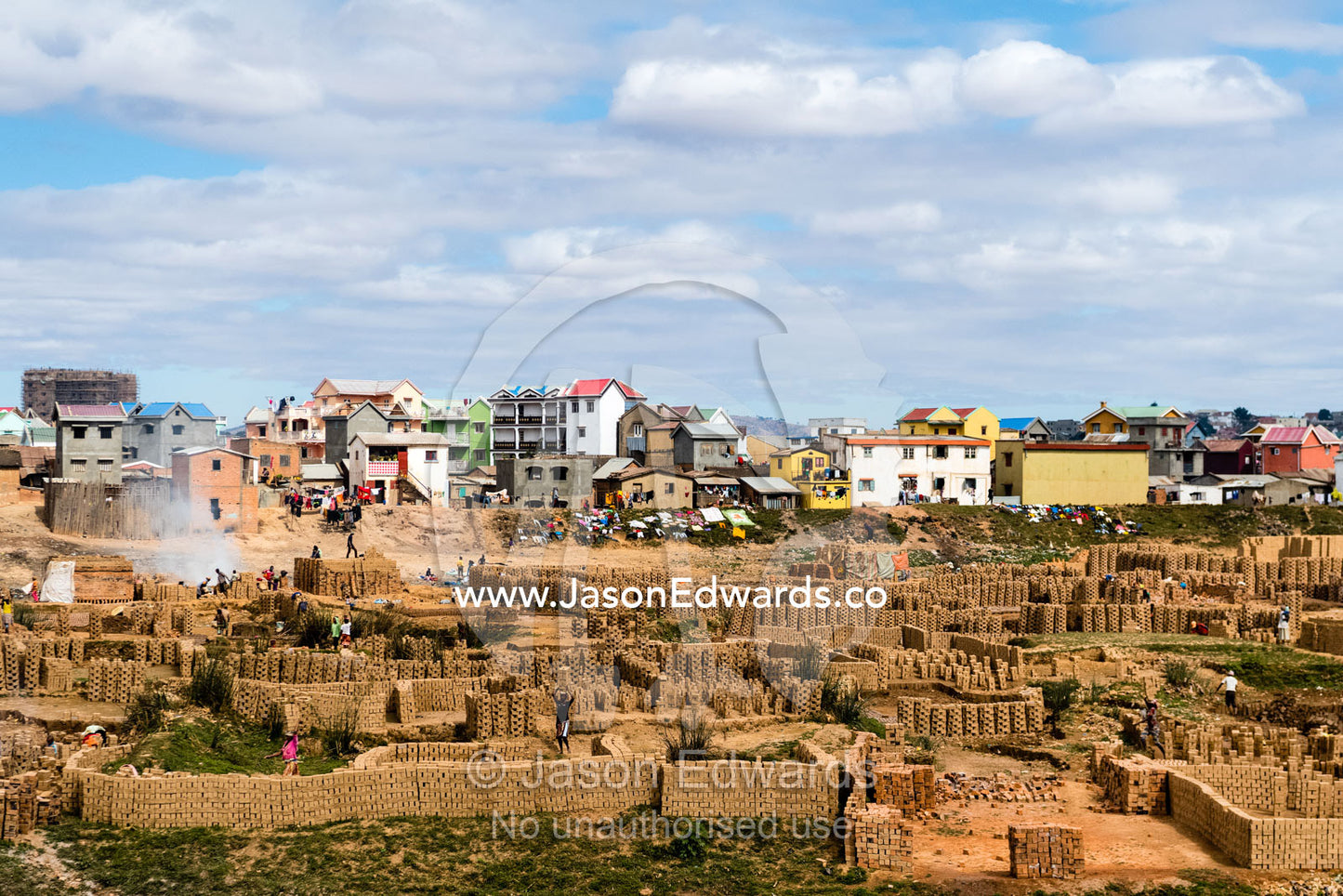 A river floodplain is converted into a handmade brick foundry for construction during the dry season. Antananarivo, Madagascar