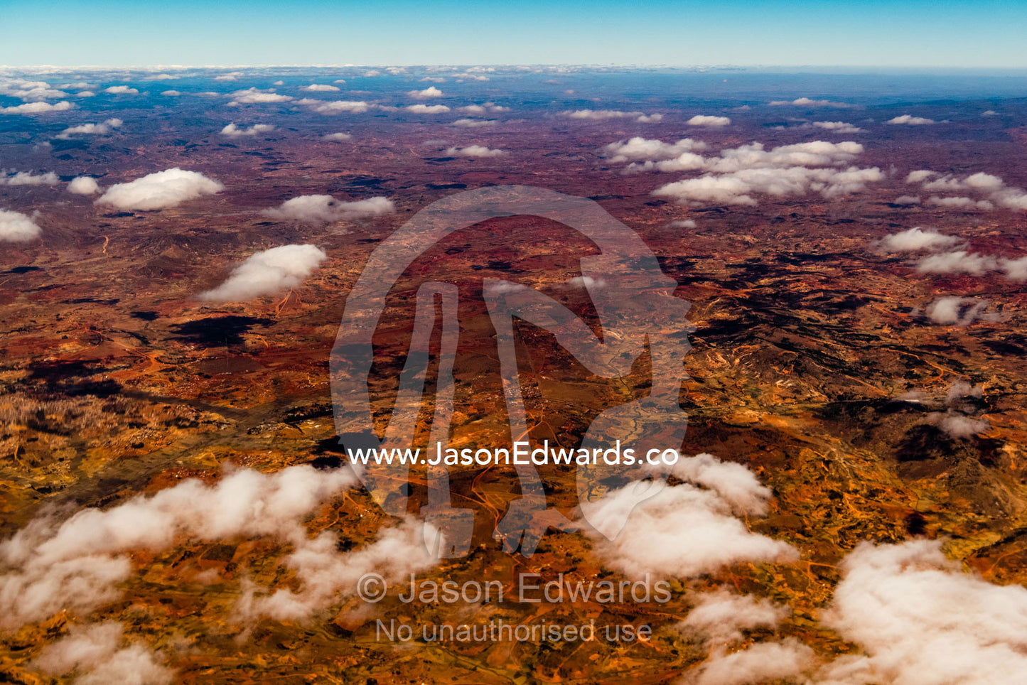 An aerial view of massive deforestation and resultant soil erosion on the mountains and plains of Madagascar. Antananarivo, Madagascar