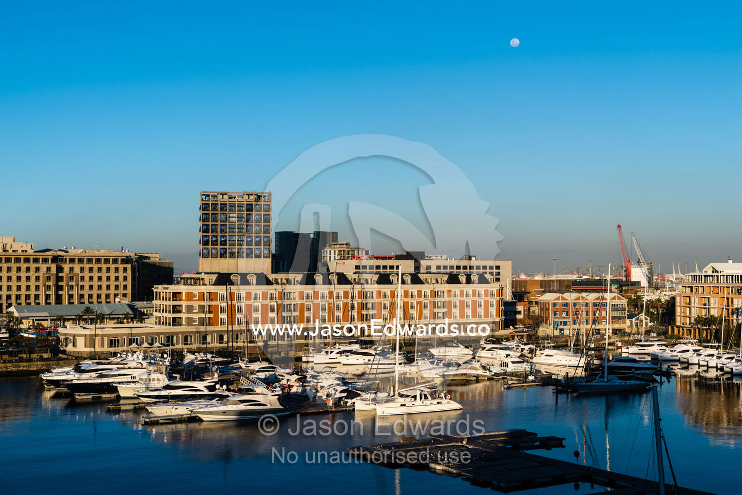 Moonrise over a mariner mooring yachts and speed boats at Victoria and Alfred Waterfront. Cape Town, Western Cape, South Africa