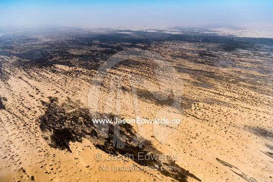 An aerial view of a desert oasis where subterranean rivers feed a wetland in the sand. Namib-Naukluft National Park, Namibia