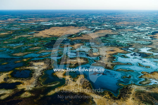 An aerial  view of a flooded wetland delta scattered with sand islands. Okavango Delta, Moremi Game Reserve, Botswana