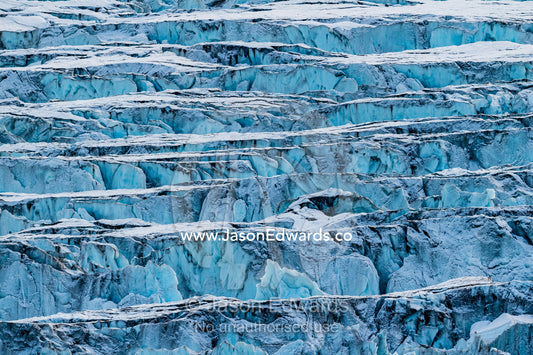 Crevasses and pressure ridges at the terminus fracture zone of a glacier. Vikingbukt, Viking Bay, Brede Glacier, Scoresby Sound, Greenland