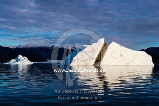 Soil trapped in an iceberg absorbs heat and accelerates ice melting. Renland, Milne Land, Harefjord, Hare Fjord, Rype Fjor, Scoresby Sound, Greenland