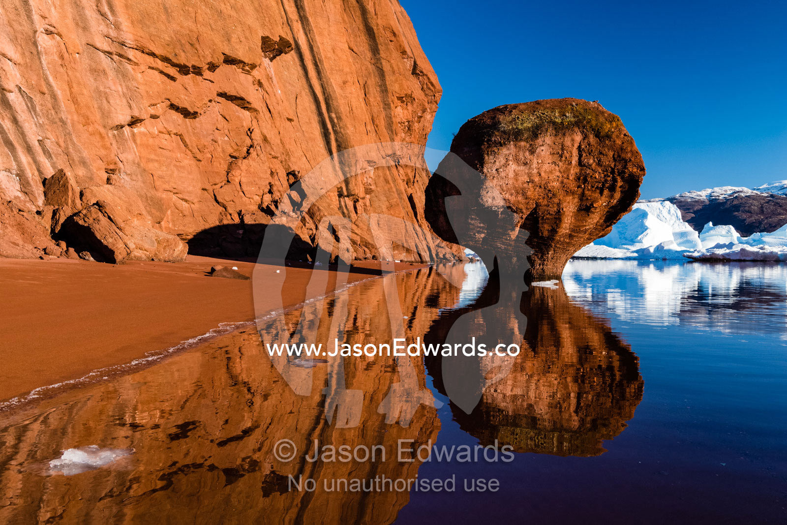 Icebergs gather along the shoreline of red conglomerate cliffs and an eroded stone pillar in an arctic fjord. Milne Land, Rode Island, Red Island, Rode Fj, Scoresby Sound, Greenland